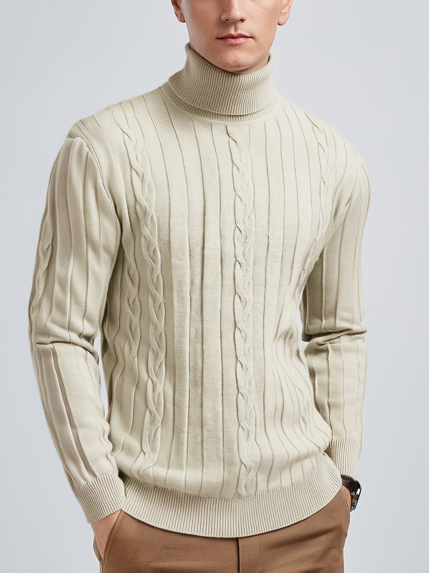 Men's Mature Slim-Fit High-Neck Long-Sleeve Sweater, Casual Ribbed Knit Pullover Solid Color Sweater, Men's Winter Clothing, Men's Sweater, Christmas Sweater, Men's Christmas Sweater, Winter Men's Apparel, New Year's Apparel,
