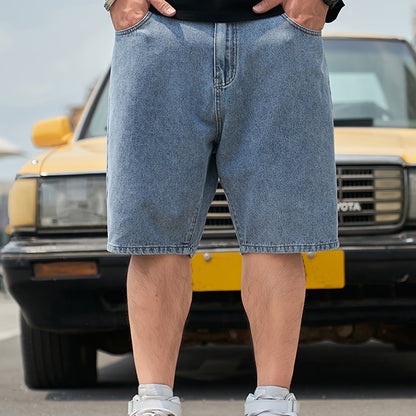 Men's Solid Cotton Blend Loose Fit Denim Jorts, Chic Street Style Summer Bottoms For Men