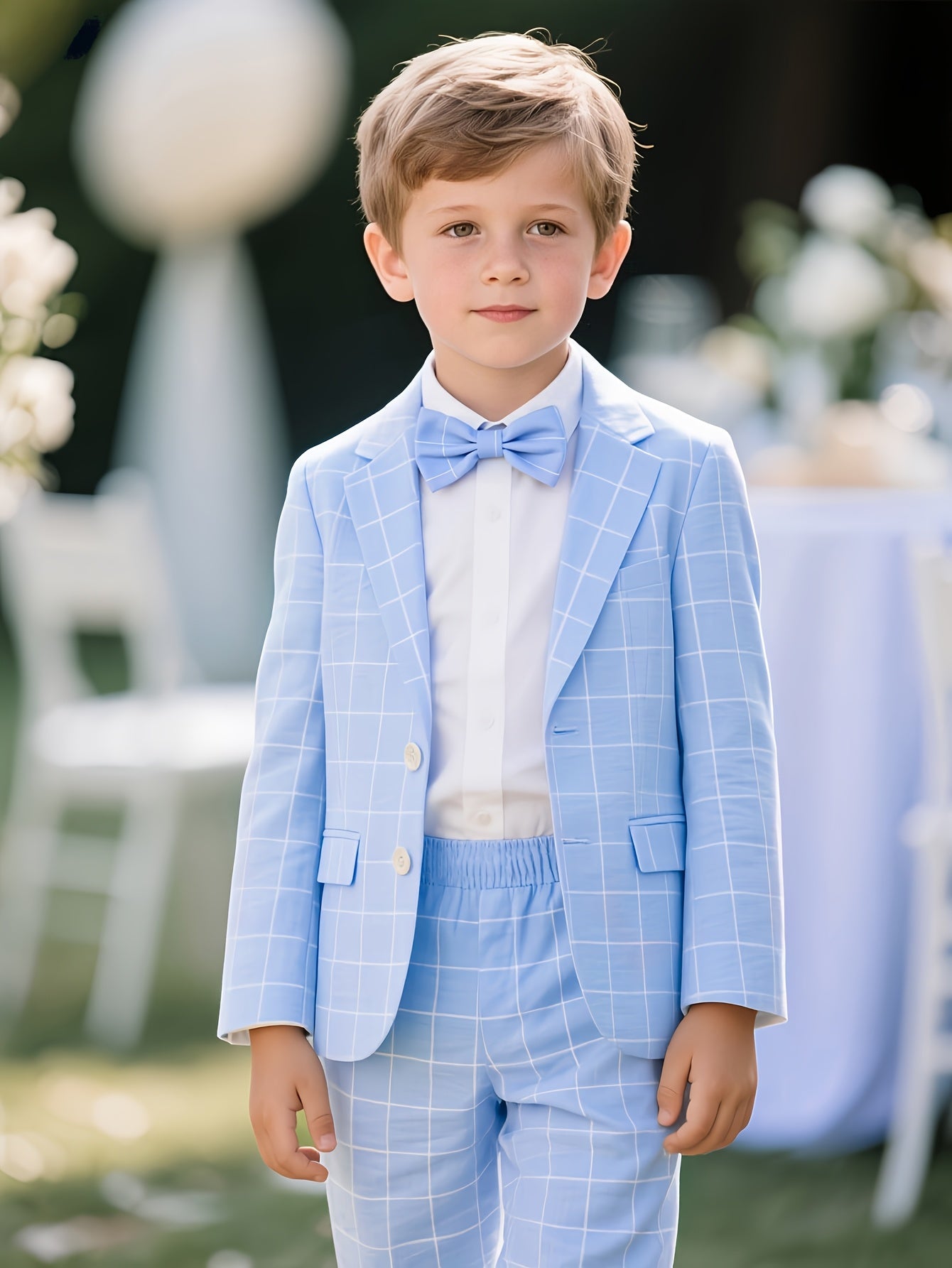 Boys 3-Piece Plaid Suit with Bow Tie for Parties & Weddings