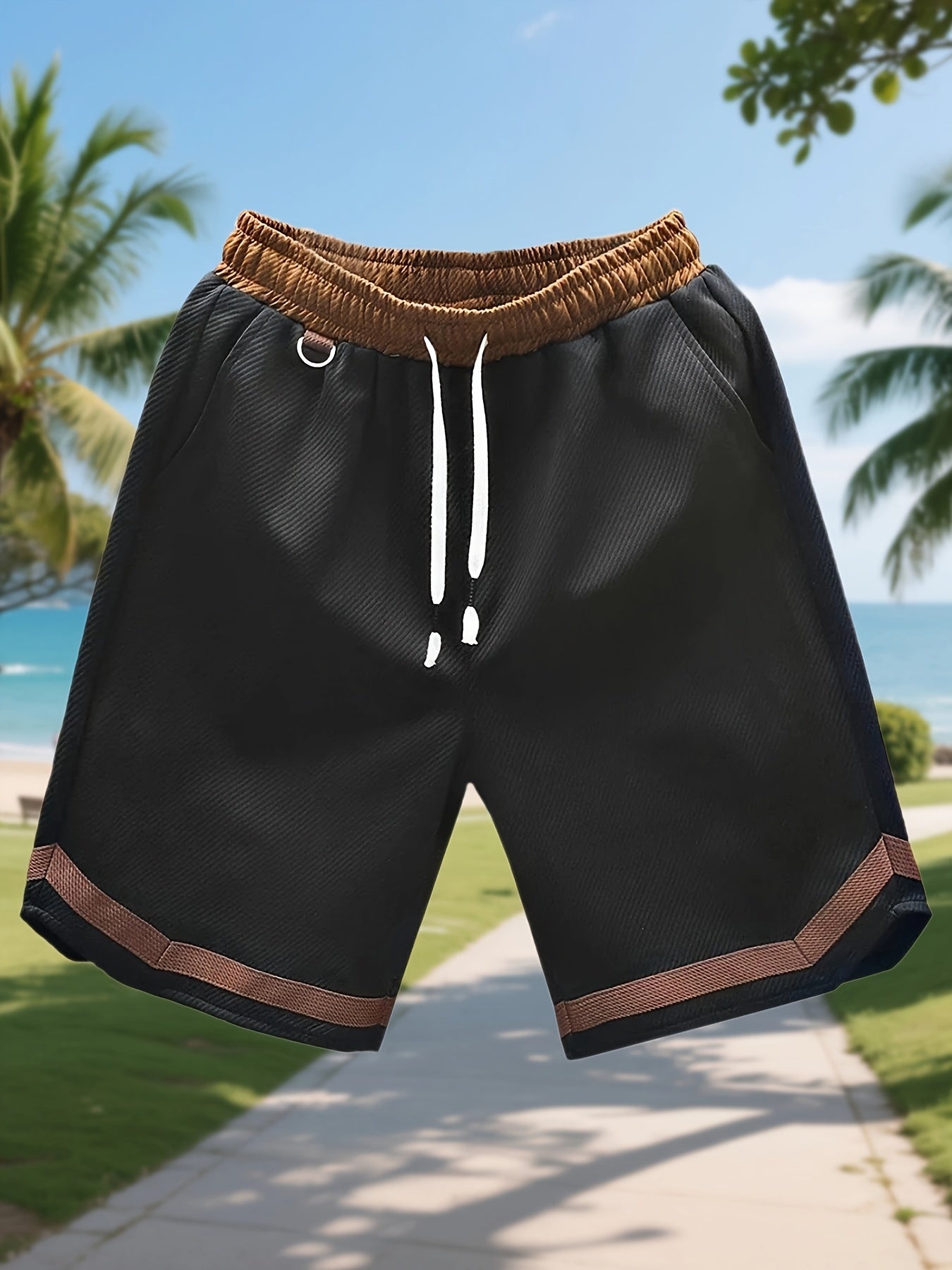 Men's Casual Color Block Polyester Summer Shorts with Drawstring