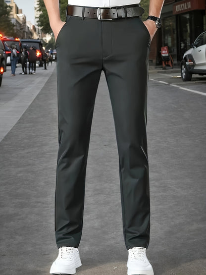 Men's Sleek Stretch Dress Pants - Solid Color Black, Comfort Fit with Subtle Stretch, Polyester Fabric, Mid-Rise, Machine Washable, Perfect for Business Casual & All-Season Wear, Business Casual Pants | Sleek Trousers | Easyc