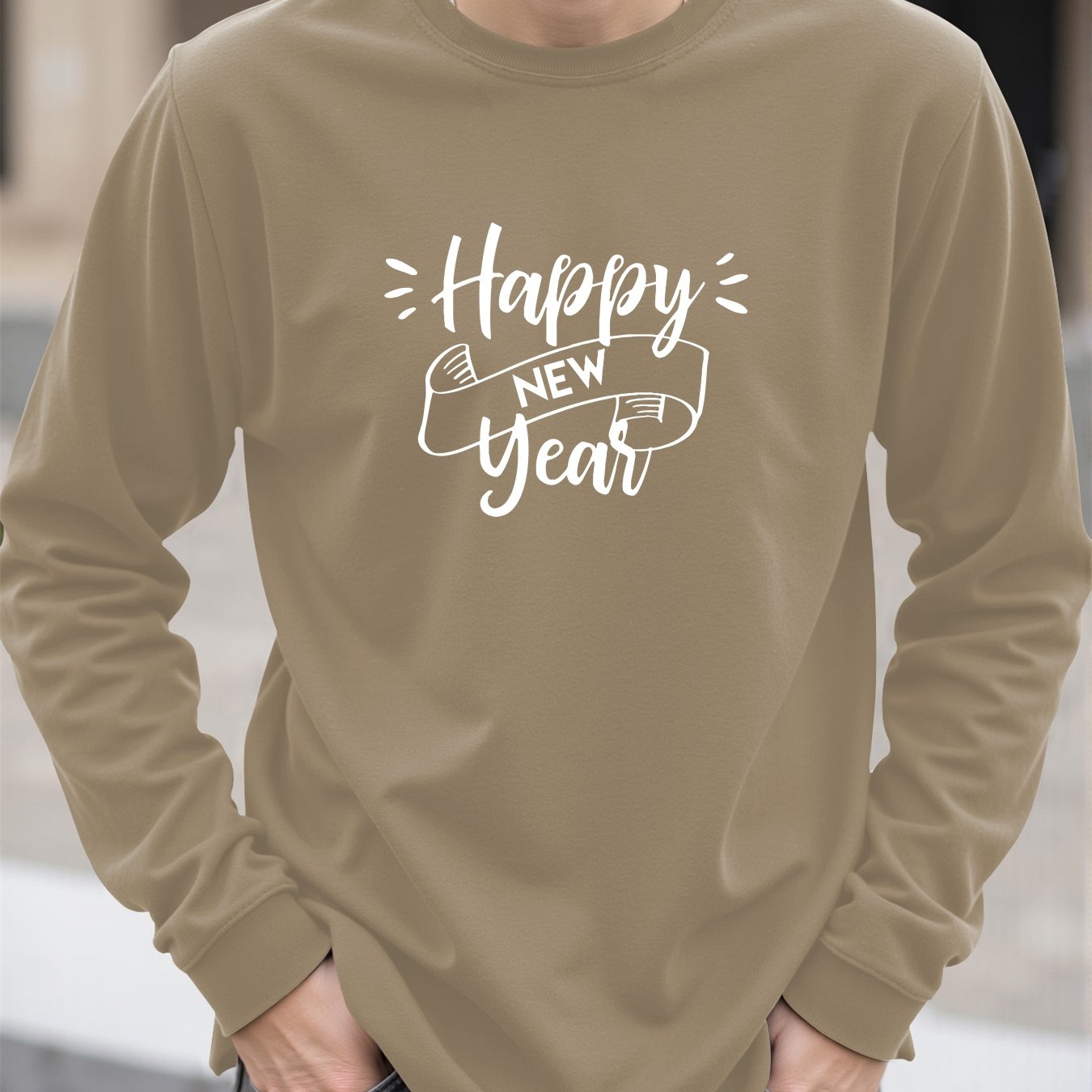 Men'S Happy New Year Graphic T-Shirt - Casual Long Sleeve Crew Neck, White with Black Lettering & Festive Design, Loose Fit for Spring/Fall, Perfect for Casual Attire, Festive Clothing | Festive Graphic Tee | Comfortable Fit