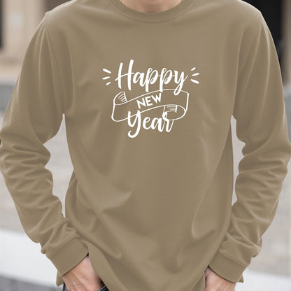 Men'S Happy New Year Graphic T-Shirt - Casual Long Sleeve Crew Neck, White with Black Lettering & Festive Design, Loose Fit for Spring/Fall, Perfect for Casual Attire, Festive Clothing | Festive Graphic Tee | Comfortable Fit