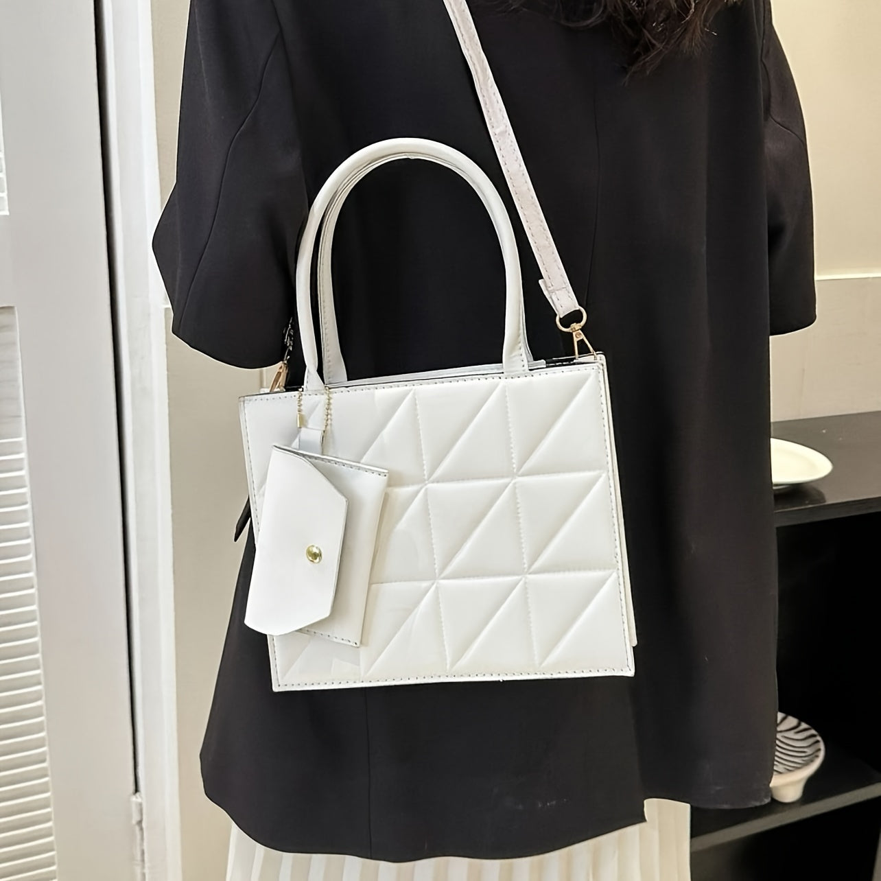 Quilted Square Crossbody Bag for Women - Synthetic Leather Work Bag with Detachable Coin Purse, Geometric Quilted Design, Adjustable Strap & Golden-Tone Hardware, Black Office Commute Bag for College Students & Professionals,