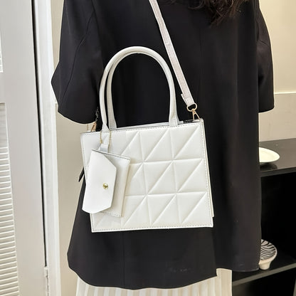 Quilted Square Crossbody Bag for Women - Synthetic Leather Work Bag with Detachable Coin Purse, Geometric Quilted Design, Adjustable Strap & Golden-Tone Hardware, Black Office Commute Bag for College Students & Professionals,