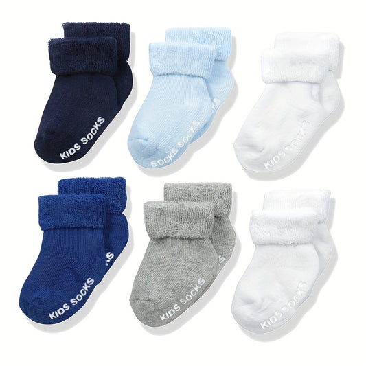 6pcs Cozy Cotton Blend Youngsters & Youngsters Boys' Socks - Warm, Thick, Mid-Calf with Non-Slip Bottoms, Soft Ribbed Cuffs - Perfect for Fall/Winter - Navy, Light Blue, White, Gray, Youngsters Socks