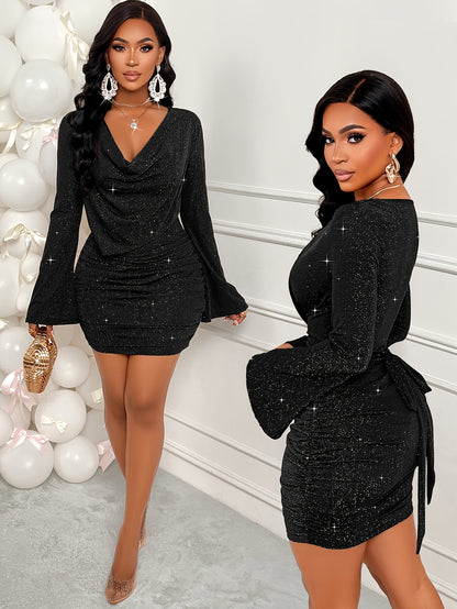 Sexy V-Neck Bell Sleeve Bodycon Dress | Solid Color with Bow Details, and Flattering for Fall/Winter