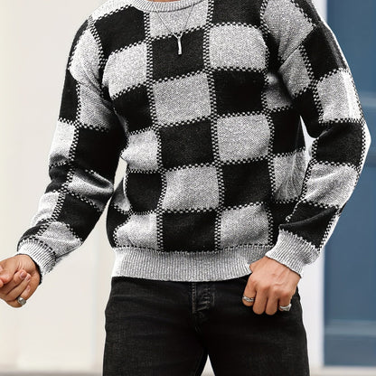 Men's Color Blocking Textured Checked Print Casual Trendy Sweater, Long Sleeve Pullover As Gift For Fall And Winter