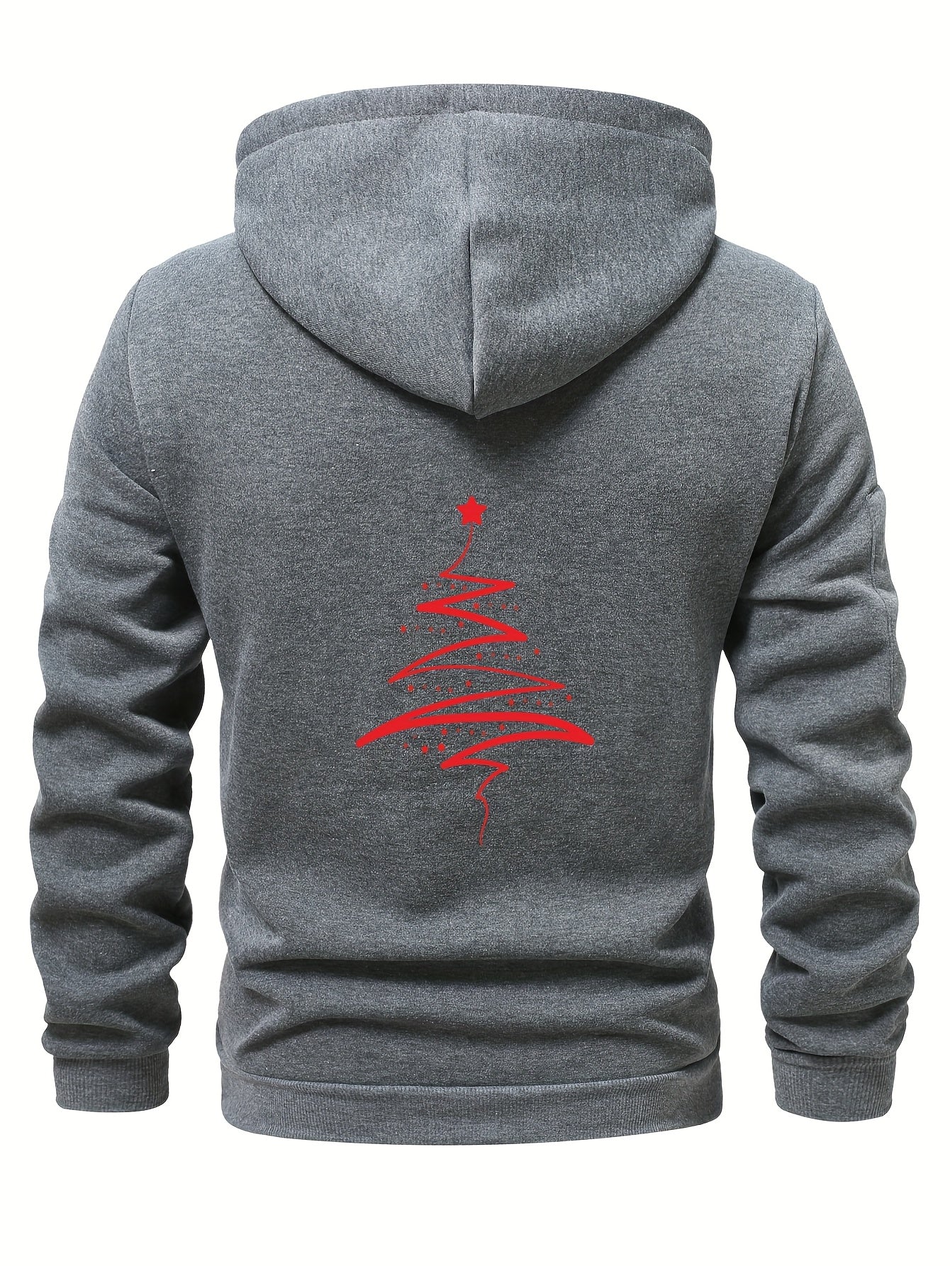 Men'S Minimalist Red & Christmas Tree Print Hooded Sweatshirt - Long Sleeve Casual Pullover with Piping, Regular Fit Winter Warmth for Holiday Parties, Outdoor Activities & Casual Attire, Christmas Sweatshirt, Seasonal Fashio
