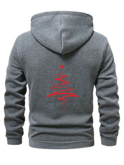 Men'S Minimalist Red & Christmas Tree Print Hooded Sweatshirt - Long Sleeve Casual Pullover with Piping, Regular Fit Winter Warmth for Holiday Parties, Outdoor Activities & Casual Attire, Christmas Sweatshirt, Seasonal Fashio