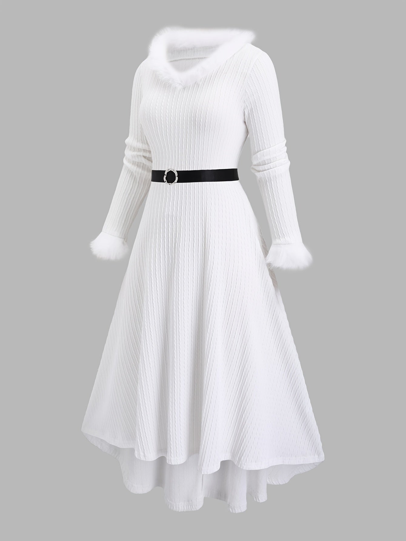 Plus Size - Plus Size, Women'S Elegant Formal Party Dress - Long Sleeve V-Neck with Adjustable Waist Belt, Flared Skirt - Elegant Evening Gown for Christmas, Galas, Weddings - Plus Size Friendly - Black Formal Attire, Formal