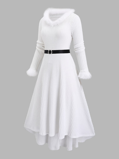 Plus Size - Plus Size, Women'S Elegant Formal Party Dress - Long Sleeve V-Neck with Adjustable Waist Belt, Flared Skirt - Elegant Evening Gown for Christmas, Galas, Weddings - Plus Size Friendly - Black Formal Attire, Formal