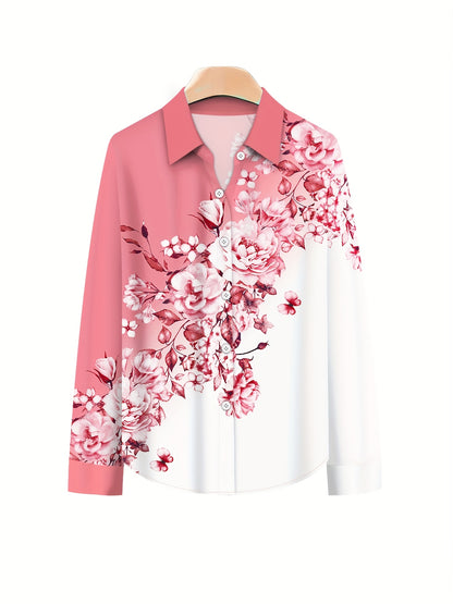 Women'S Elegant Set of Contrasting Floral Print Long-Sleeve Lapel Shirt Top And Solid Color Loose Pants Two-Piece Set