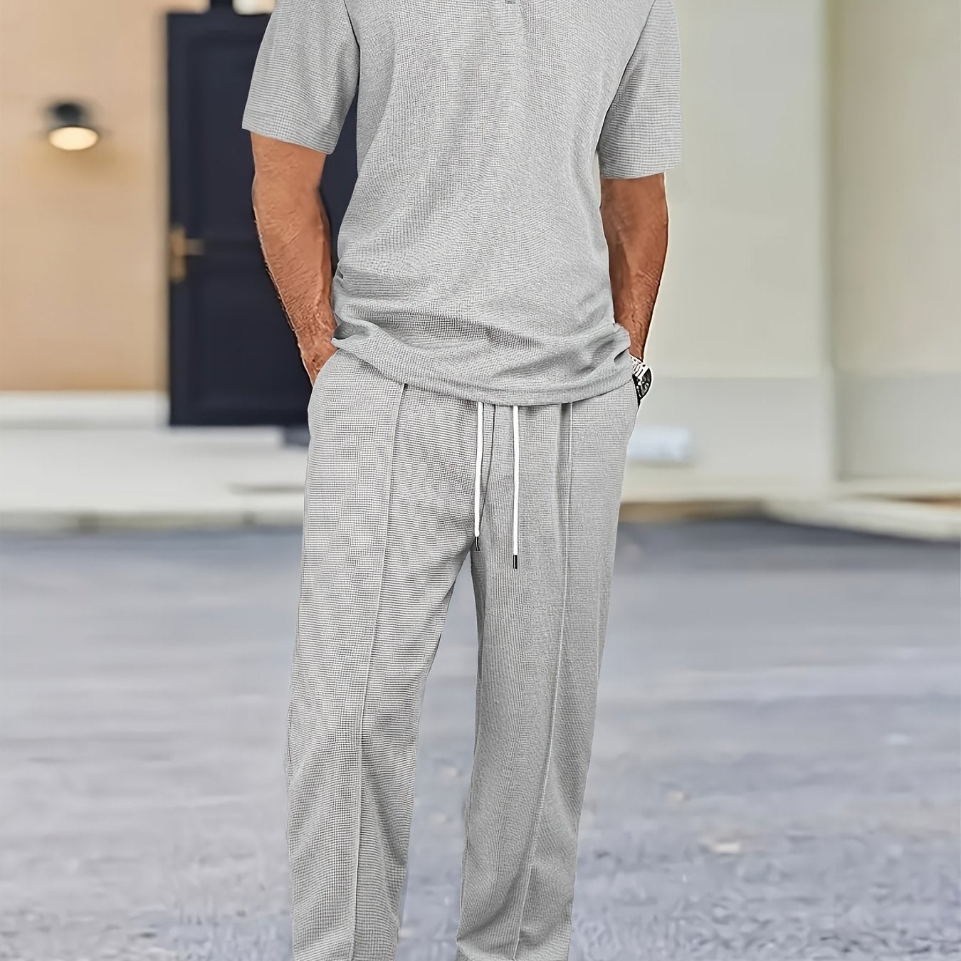 Men's 2pcs Waffle Knit Casual Outfit: Zip-Up Short Sleeve Collared Shirt & Drawstring Pants - Black, Polyester Blend, Ideal for Casual Attire in Spring/Summer