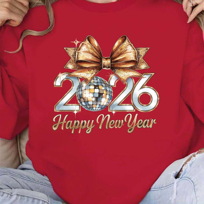 Women'S 2026 Happy New Year Disco Ball Sweatshirt - Black with Golden Glitter & Bow Graphic, Cozy Round Neck Long Sleeve Casual Pullover for Winter, Festive Party Outfit & Casual Attire, New Year Shirt, Yorkshire Terrier Swea