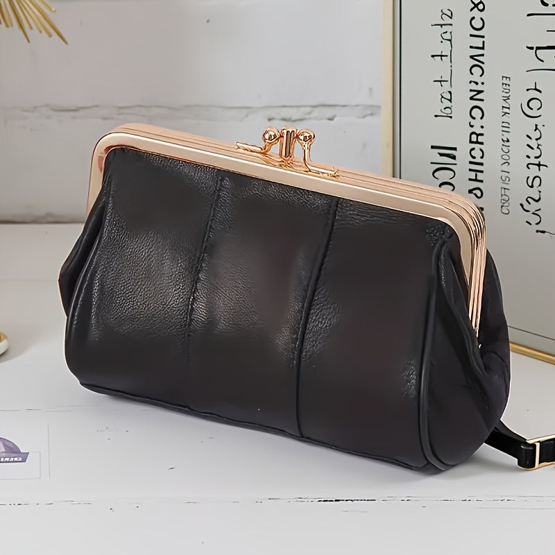 Vintage-Style Genuine Leather Clutch with Golden Metal Frame – Black Mini Wallet for Women, Compact Coin Purse & Key Holder, Elegant Textured Design