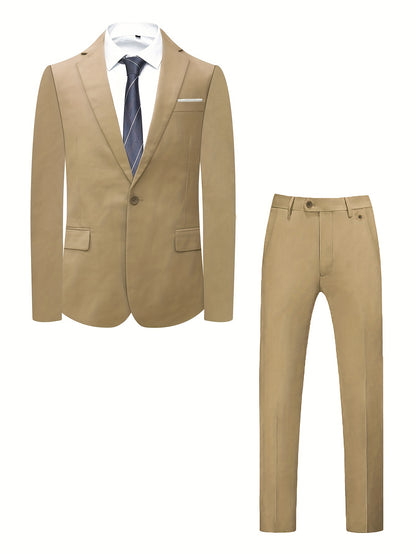 Men's Two-Piece Suit in Solid Color with Sealed Pockets, Regular Fit Suit Trousers, Elegant and Classic, Suitable for Business and Wedding Parties