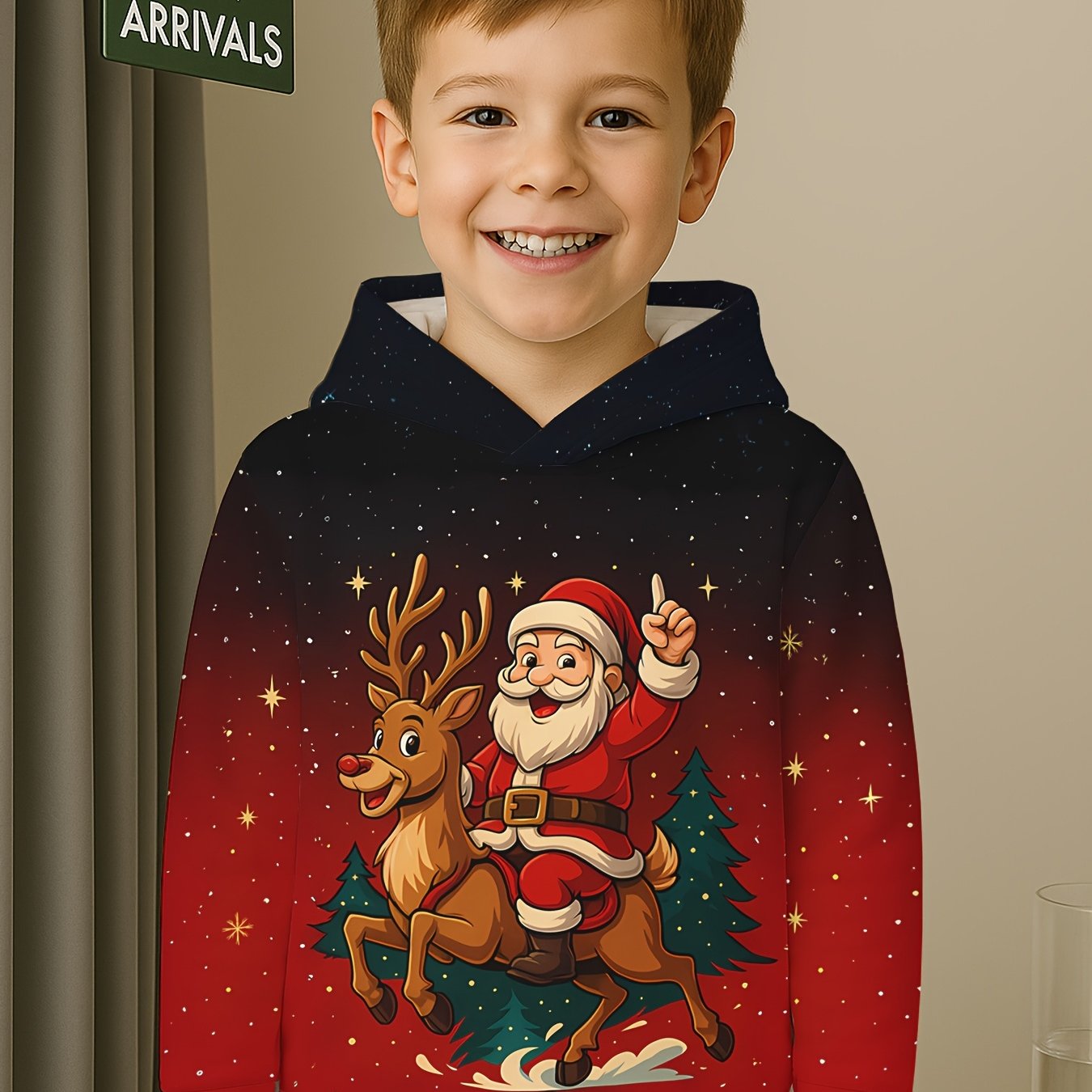 Boys' 3D Digital Print Santa & Reindeer Christmas Hooded Sweatshirt - Red & Black Gradient Festive Pullover with Glowing Eyes, Soft Stretch Fabric, Machine Washable, Long Sleeve Party Outfit for School Events, Family Photos &