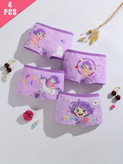 Girls' Cotton Briefs Set with Purple Horse Print - 4 Pack