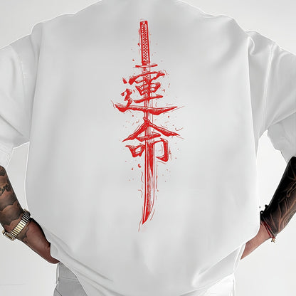 Men'S Japanese Samurai Sword Graphic T-Shirt - Casual Loose Fit Crew Neck, Short Sleeve Tee with Red Stylized Japanese Katanas Design, Breathable Polyester for Spring  Summer Outdoor Wear
