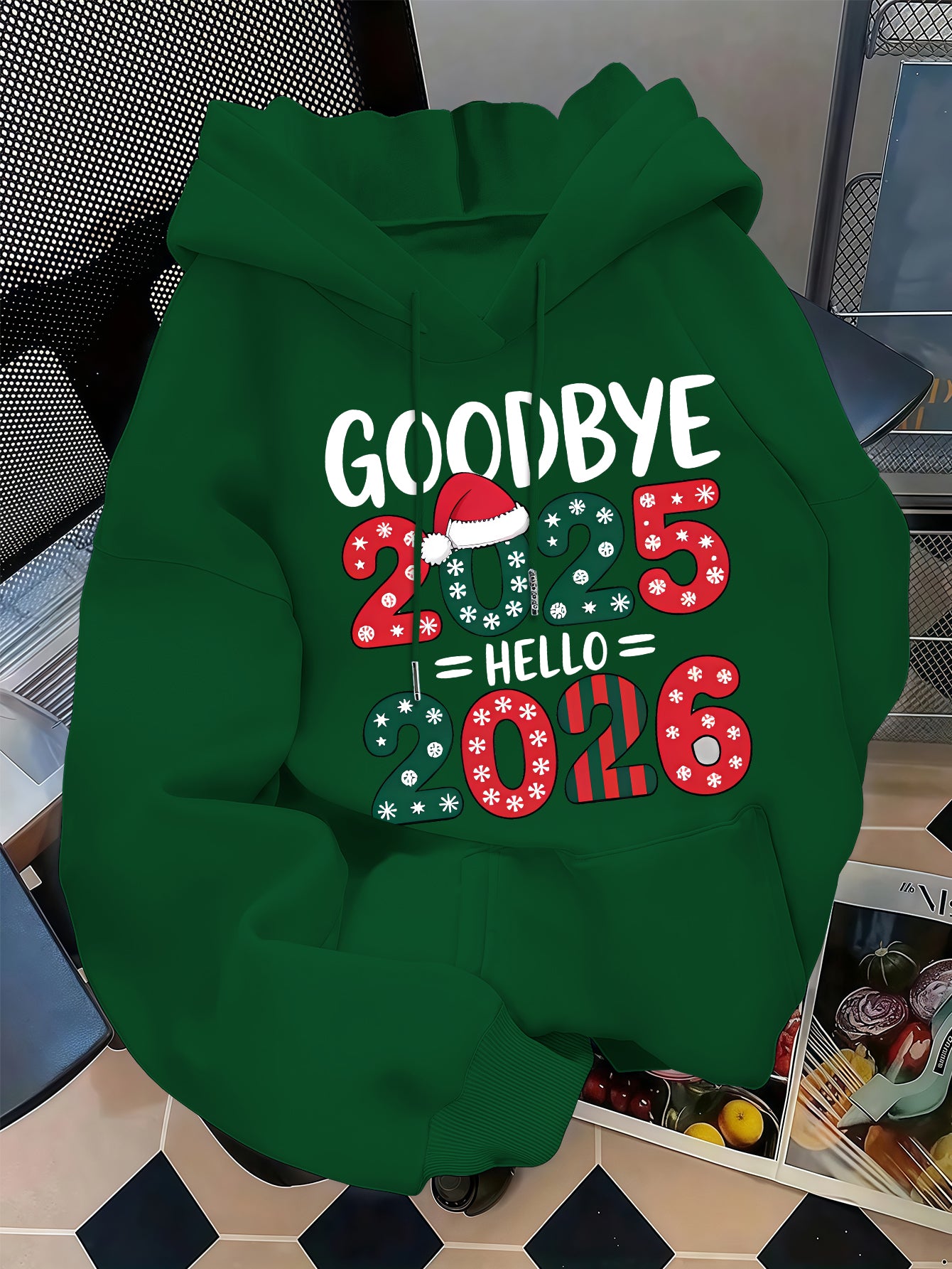 Men's 2025 New Year Red Hooded Sweatshirt - Christmas & New Year's Eve Party Sweater with Goodbye 2024/ 2025 Print, Snowflakes & Santa Hats, Machine Washable Winter Pullover for Holiday Celebrations