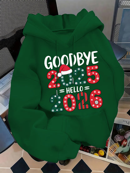 Men's 2025 New Year Red Hooded Sweatshirt - Christmas & New Year's Eve Party Sweater with Goodbye 2024/ 2025 Print, Snowflakes & Santa Hats, Machine Washable Winter Pullover for Holiday Celebrations