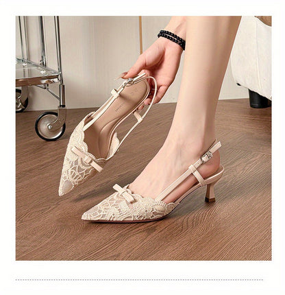 Women'S Elegant Lace-Embroidered Pointed-Toe High Heel Sandals - Beige Block Heel, Ankle Strap with Buckle, Breathable Mesh Upper, Comfortable Summer  All-Season Wear, High Heel Sandals