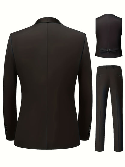 Men's 3-Piece Polyester Suit Set with Vest & Pocket Square