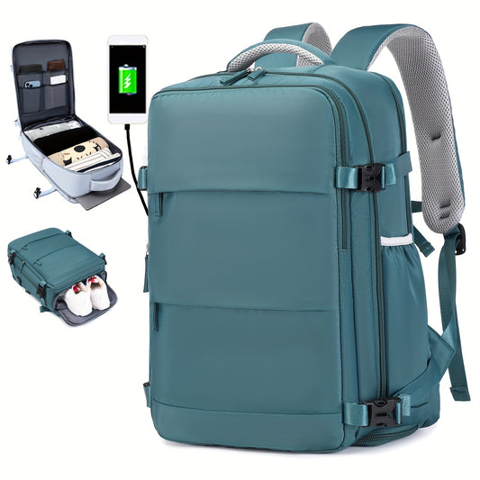 Women'S Travel Backpack, Flight Approved, Expandable Large Capacity Luggage Daypack, Business Weekend Bag with Shoe Compartment, Back to School Backpack, Solid Color, Polyester, Adjustable Strap, Zipper Closure, USB Powered,