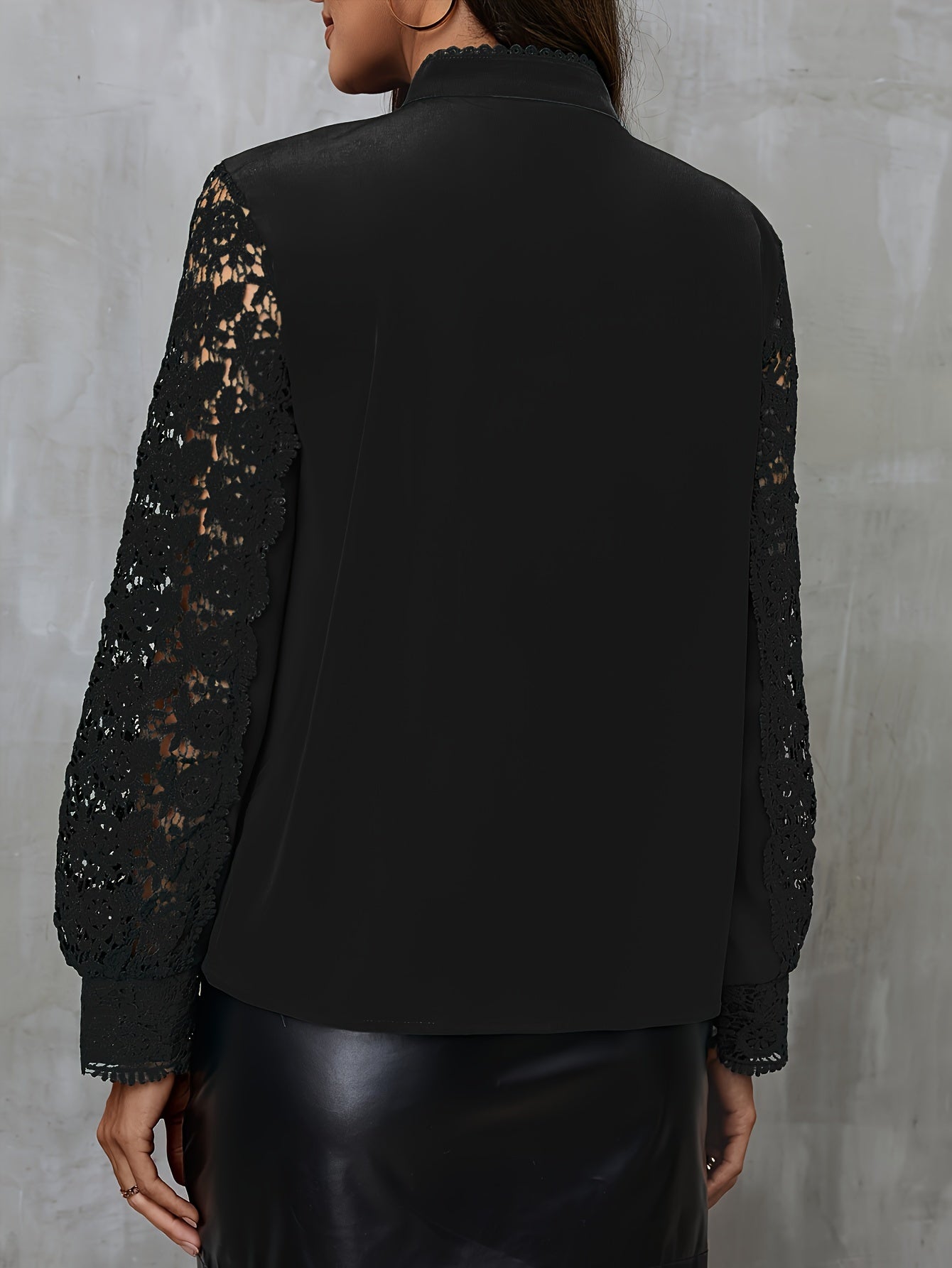 Solid Contrast Lace Blouse, Elegant Mandarin Collar Long Sleeve Blouse, Women's Clothing