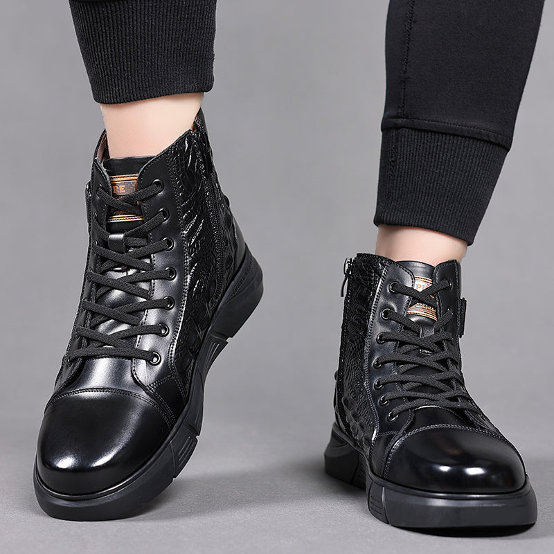 Men'S Versatile High-Top Boots, Featuring a Simple Lace-Up Design And Work Boot Style, with Slip-Resistant, Durable Thick Soles And Crocodile Texture Details, Suitable for Outdoor Travel And Daily Office Wear, Ideal for Use D