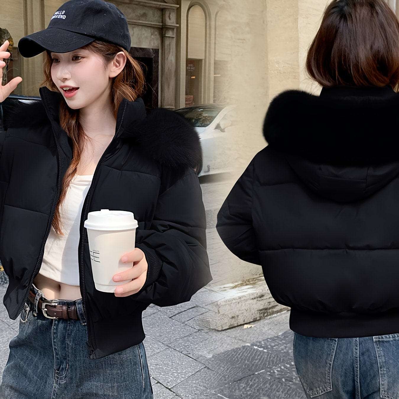 Women'S Winter Jacket - Elegant Short Coat with Detachable Hood, Zippered Pockets, Warm Outerwear for Cold Weather, Office, Parties, Everyday - Chic Winter Clothing for Women, Party Wear, Sleek Design, Cozy Lining, Fashioncon