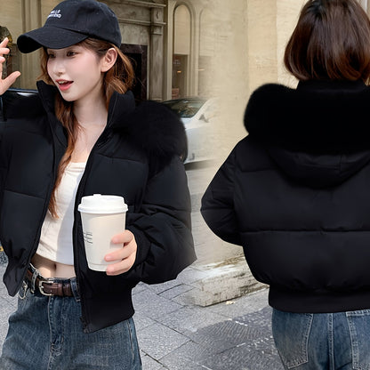 Women'S Winter Jacket - Elegant Short Coat with Detachable Hood, Zippered Pockets, Warm Outerwear for Cold Weather, Office, Parties, Everyday - Chic Winter Clothing for Women, Party Wear, Sleek Design, Cozy Lining, Fashioncon