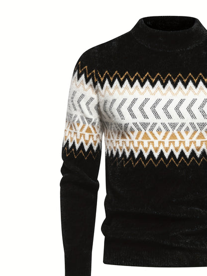 SENMEIGUO տղամարդու ամենօրյա, կլոր վզնոցով տրիկոտաժե սվիտեր՝ հարմարավետ, երկար թևքերով, գծավոր նախշերով, բարձր ձգվող ակրիլային խառնուրդով՝ աշուն/ձմեռ