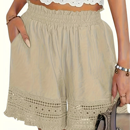 Solid Tassel Hem Loose Shorts, Vacation Paper Bag Waist Summer Shorts, Women's Clothing