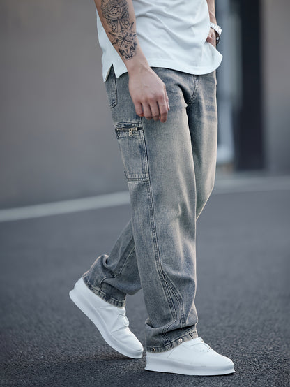 Men's Fashionable Washed Denim Wide-Leg Pants, Comfortable High-End Casual Trousers for All Seasons, Autumn-Winter, Versatile
