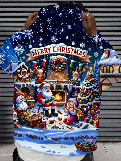 Men's 3D Christmas Print  Sweatshirt - Santa Snowman Reindeer Winter Scene Hoodie with Drawstring Pocket, Fabric Gym & Streetwear, All-Season Casual Wear (Black) - Festive Gift for Xmas & Black Friday (Machine Washable), PLUS
