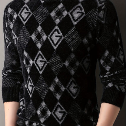 Maqiqi OBM Men's New Autumn/Winter Knit Pullover, Plaid Pattern Men's Sweater with Letter Decoration, Faux Mink Fur Round Neck Long Sleeve Men's Top, Soft and Comfortable Fabric, Suitable for Casual Outings, Men's Gift