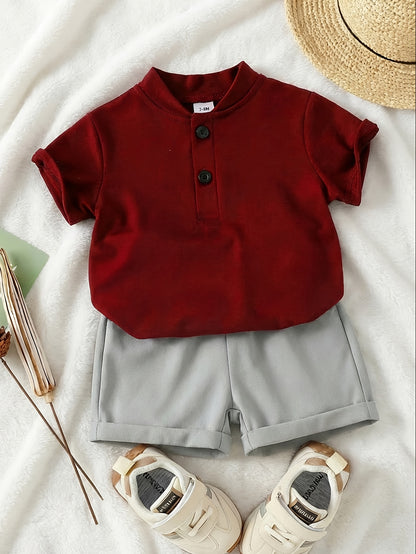 Boys' Summer Stand Collar T-Shirt & Contrast Shorts Set