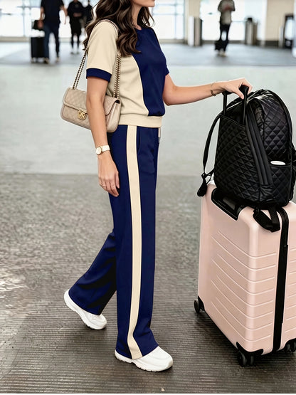 Women’s Casual Color-Block T-Shirt and High-Waist Pants Set