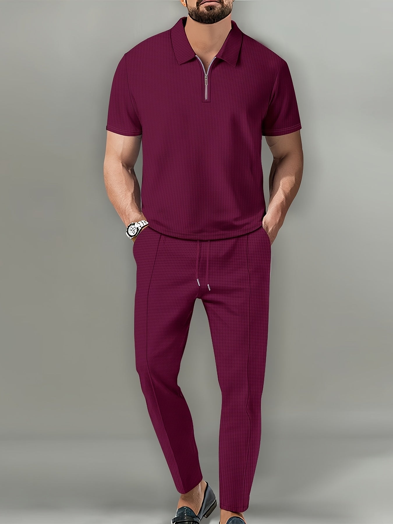 Men's Waffle Knit Quarter-Zip Polo & Drawstring Pants Set