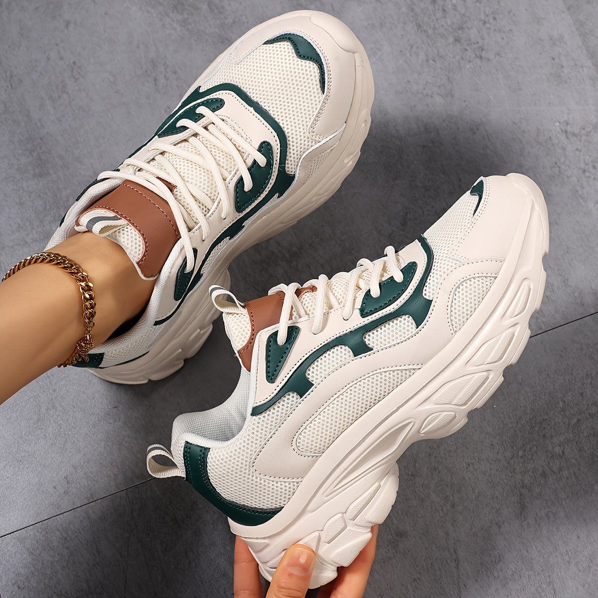 Breathable Running Shoes for Women, Casual Lace-Up Sneakers with Thick Sole, Round Toe, All-Season Outdoor Shopping