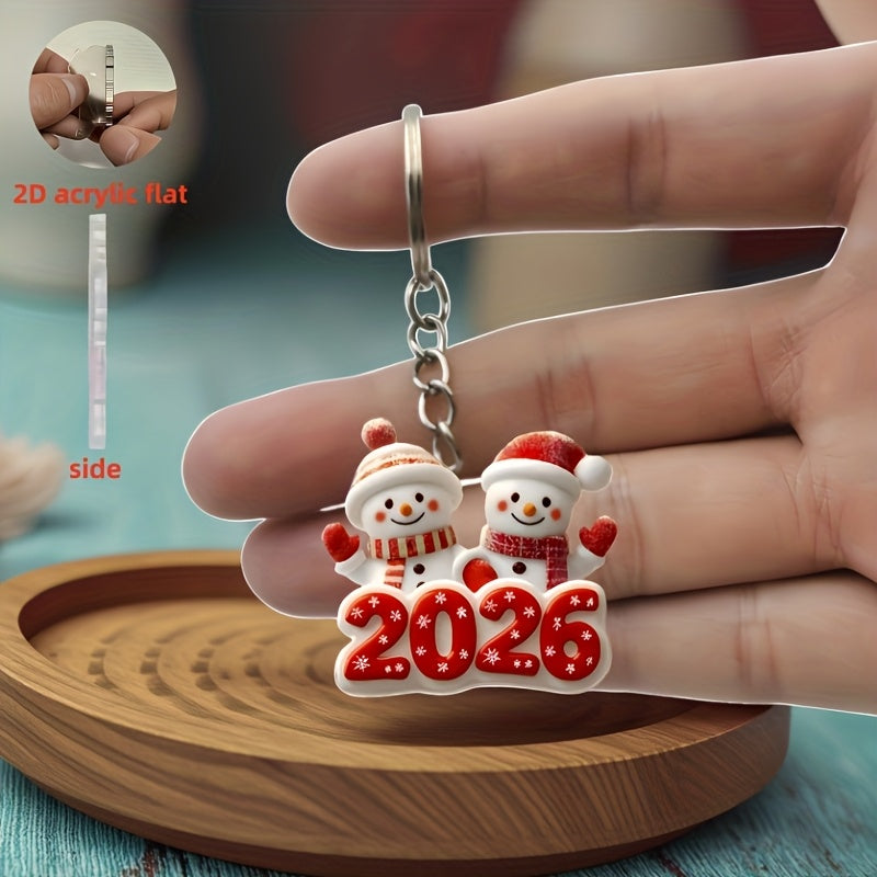 2DFLAT Cute Snowman Friend Keychain - 2026 New Year Gift with Classic Red & White Snowman, Snowflake "51.46meter Cartoon Design, Durable Iron Alloy, Perfect For Car Rearview Mirror, Christmas Tree Decorations, Thanksgiving Pr