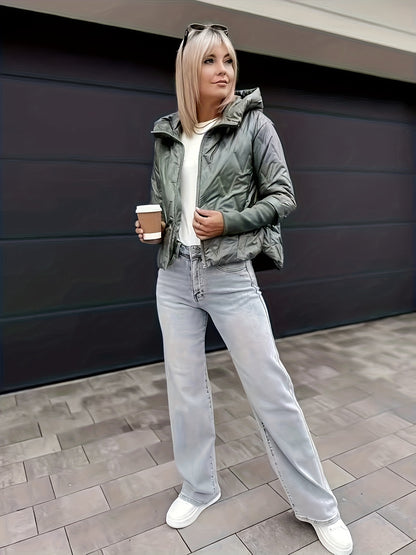 Կանացի թեթև, երկարաթև, գլխարկով և կայծակաճարմանդով բաճկոն - ամենօրյա, միագույն, տաք և նորաձև աշուն/ձմեռ, իդեալական է ամենօրյա հագուստի համար, ամենօրյա ձմեռային հագուստի համար | Գլխարկով և կայծակաճարմանդով բաճկոն | Կայծակաճարմանդով բաճկոն