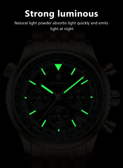 POEDAGAR Men's Luxury Stainless Steel Watch, Chronograph, Calendar, Date Display, Green Dial with Black Bezel & Roman Numerals, Quartz Movement, Casual to Business Style, Suitable for Women