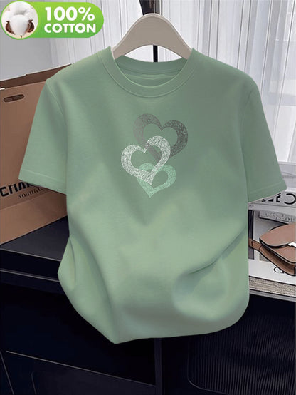 Women’s Cotton Crew Neck T-Shirt with Heart Applique, Casual Fit
