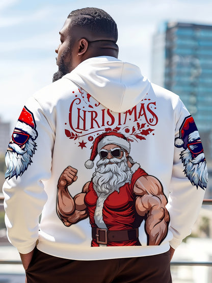 Men'S Muscle Santa Claus Hoodie - Funny Christmas Sweatshirt with Front & Back Print, Large Size Big & Tall Pullover, Gym & Party Outfit - Muscle Santa Graphic Hooded Sweatshirt for Men, Holiday Casual Wear, Playful Holiday D