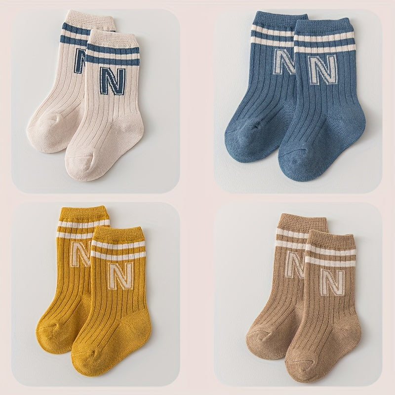 4 Pairs of N-Letter Knitted Pattern Socks, Thin Socks for Spring and Summer, Cotton Blend Comfortable Breathable Soft Mid-Calf Socks, Breathable Mid-Calf Socks