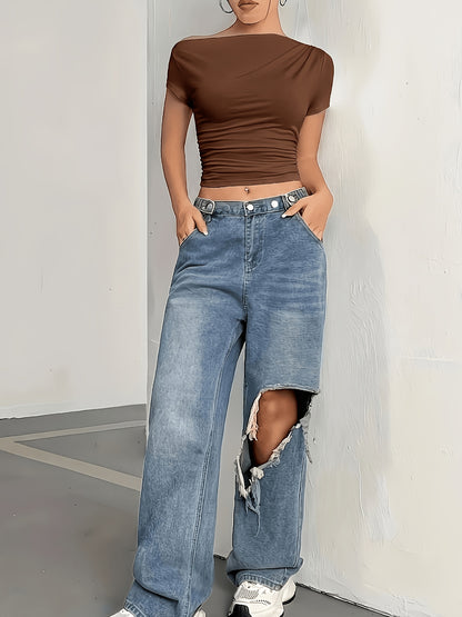 Elegant Off-Shoulder Asymmetrical Knit T-Shirt for Women