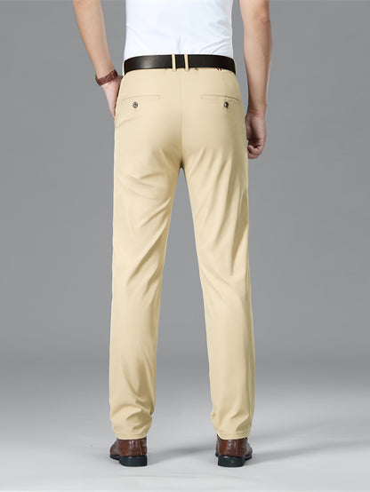 Men's Lightweight Summer Casual Pants, Slim Straight Fit, Polyester, Mid-Rise, Built-in Zipper, Regular Length - Ideal for Casual Attire